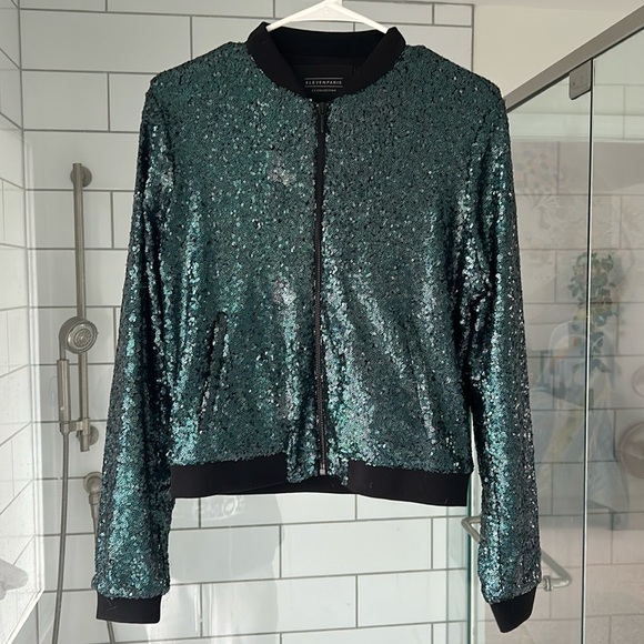 Eleven Paris by ASOS (size 38) deep teal sequin bomber jacket - Picture 2 of 3